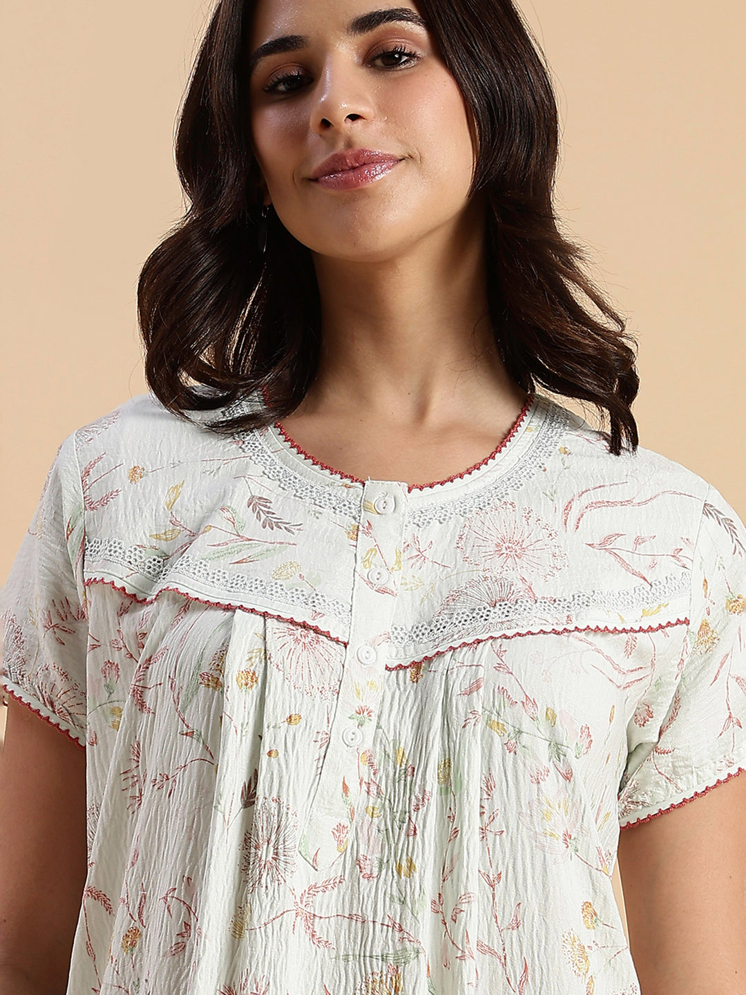 Pastel Green Floral Crush Cotton Branded Nighty