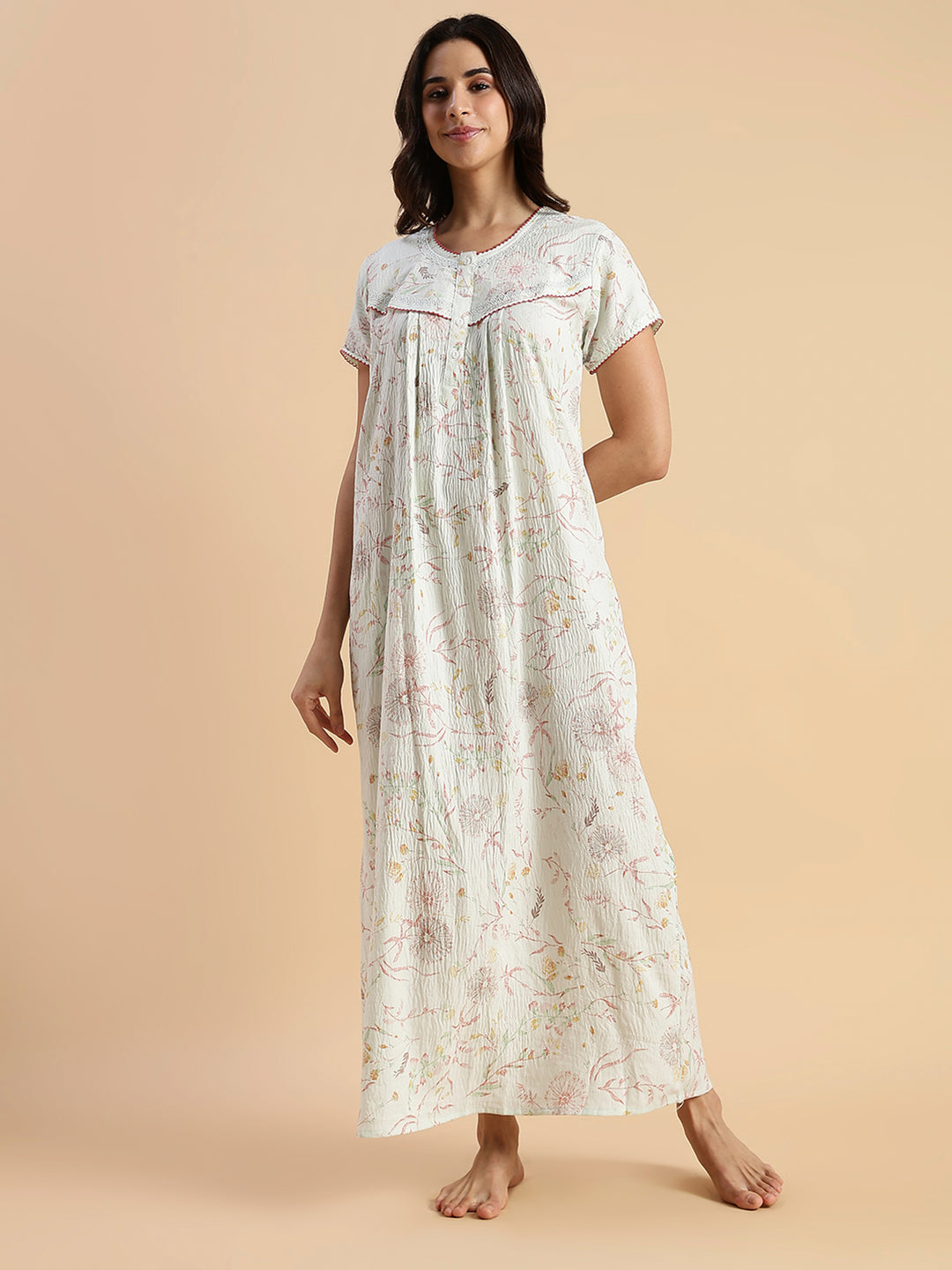 Pastel Green Floral Crush Cotton Branded Nighty