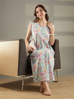 Saheli Sleeveless Bamboo Crush Cotton Floral Nighty for Women Florina Green