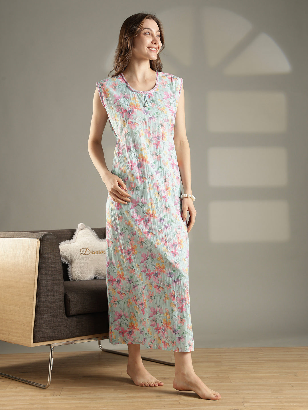 Pastel mint floral sleeveless summer nightwear for women
