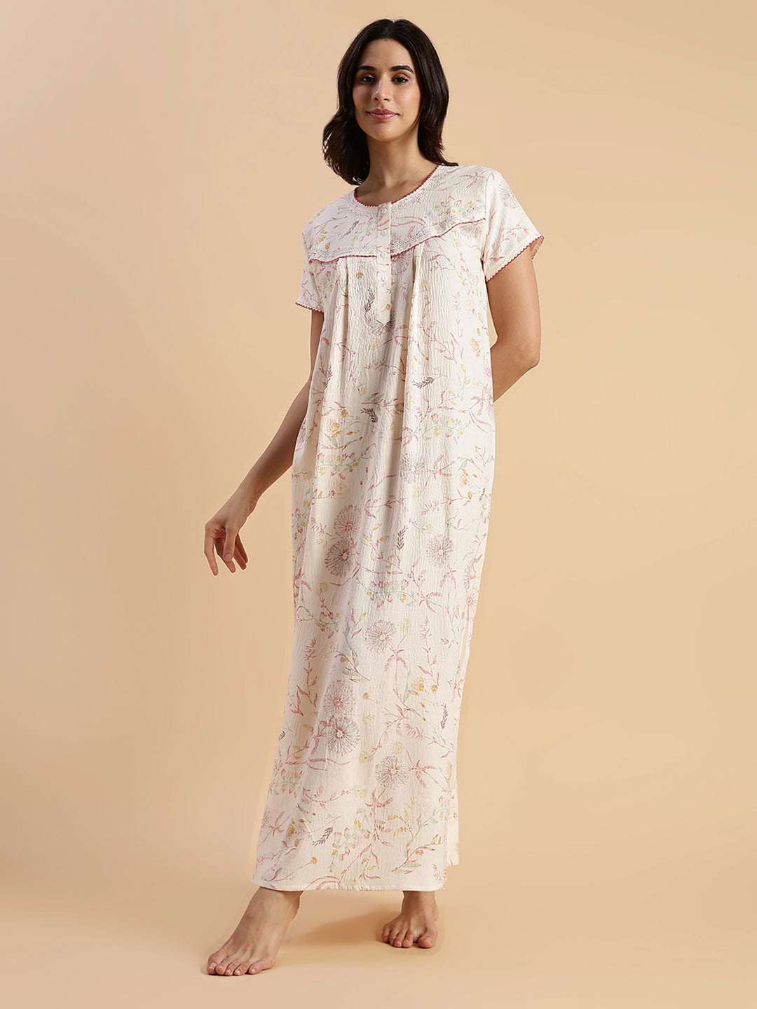 Pastel Peach Floral Crush Cotton Best Nighty For Women