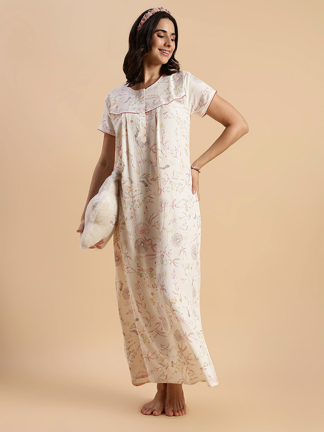 Pastel Peach Floral Crush Cotton Best Nighty For Women