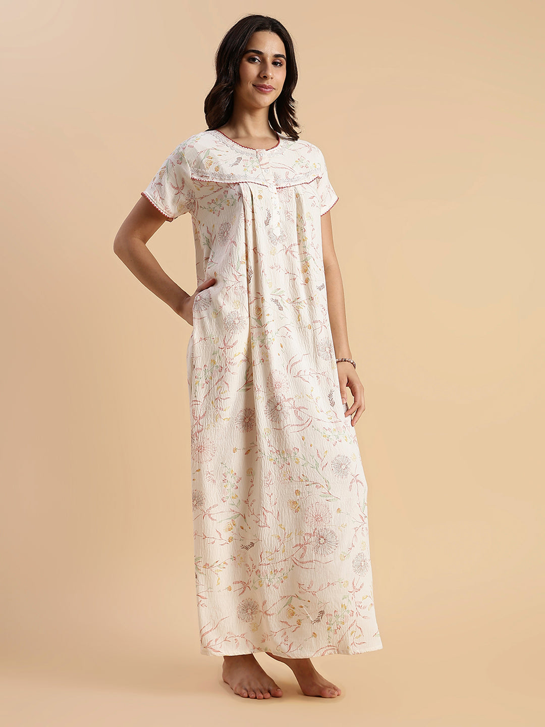 Pastel Peach Floral Crush Cotton Best Nighty For Women