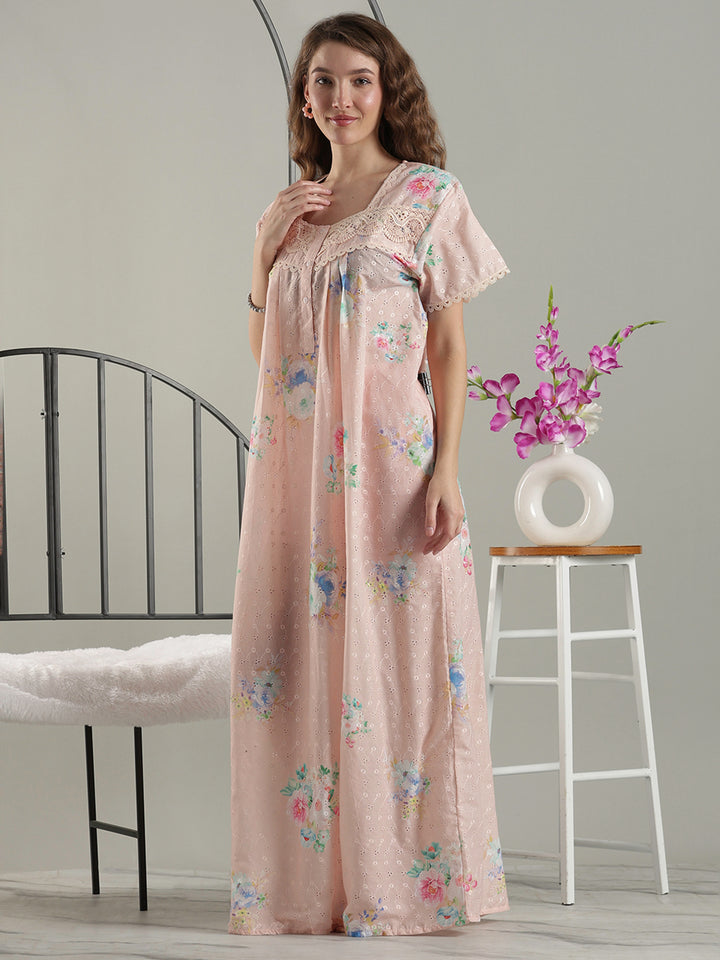 Trendy floral peach pure cotton designer nighty for ladies