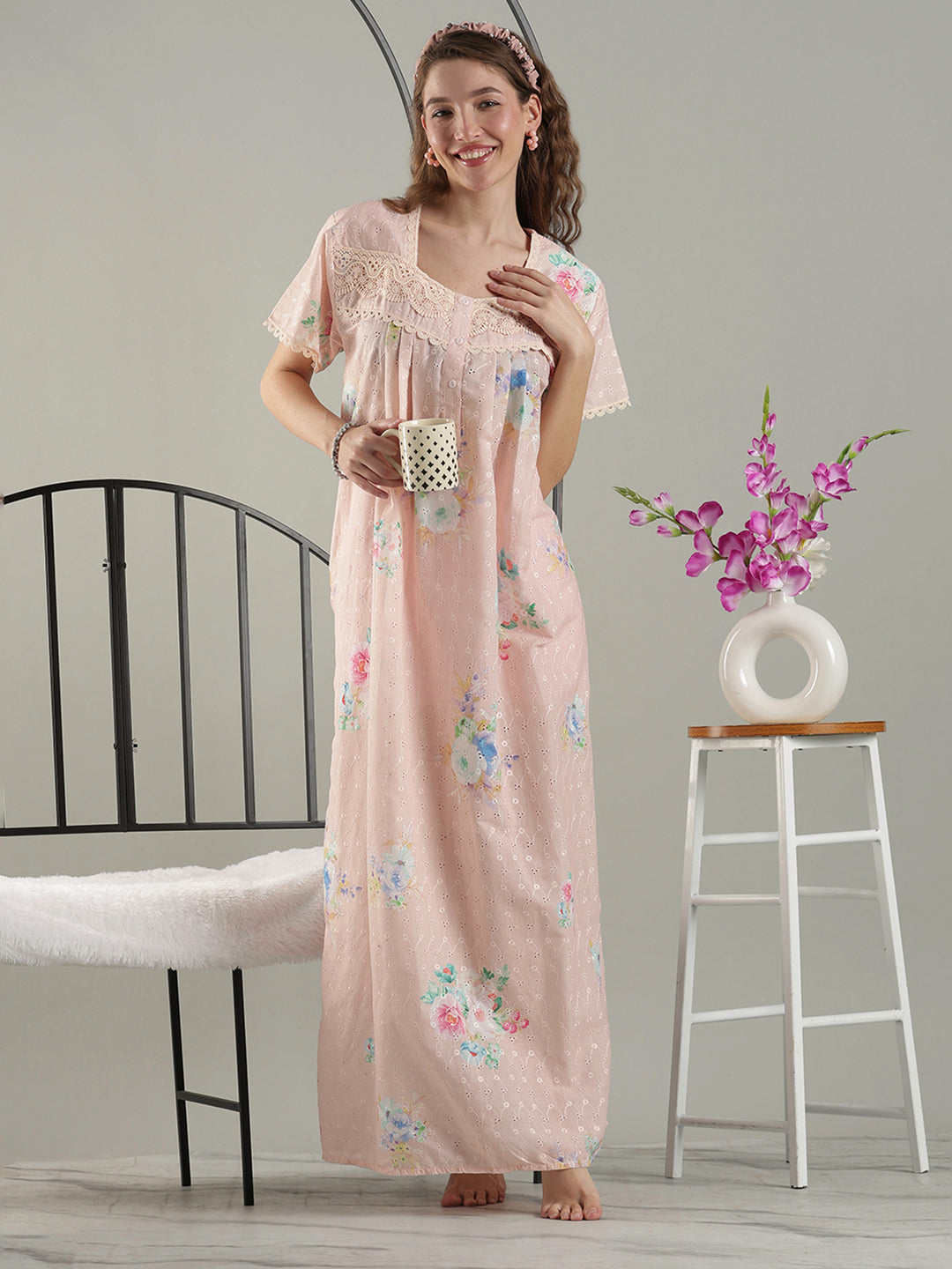 Trendy floral peach pure cotton designer nighty for ladies