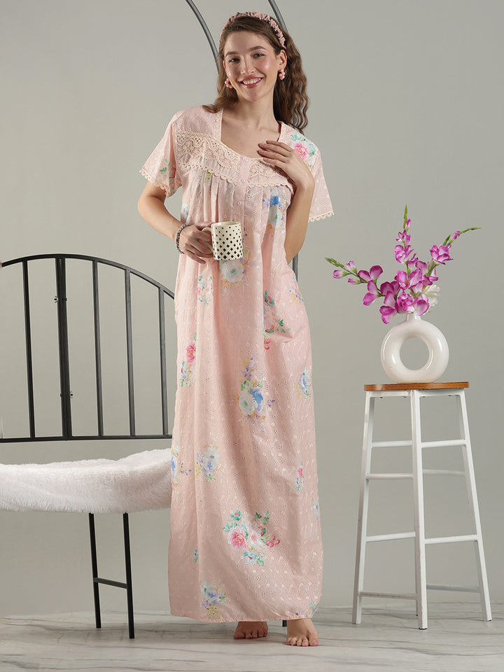 Trendy floral peach pure cotton designer nighty for ladies