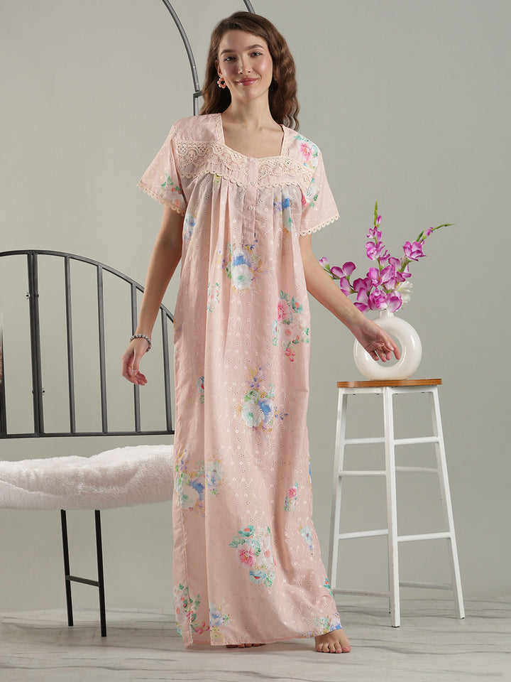 Trendy floral peach pure cotton designer nighty for ladies