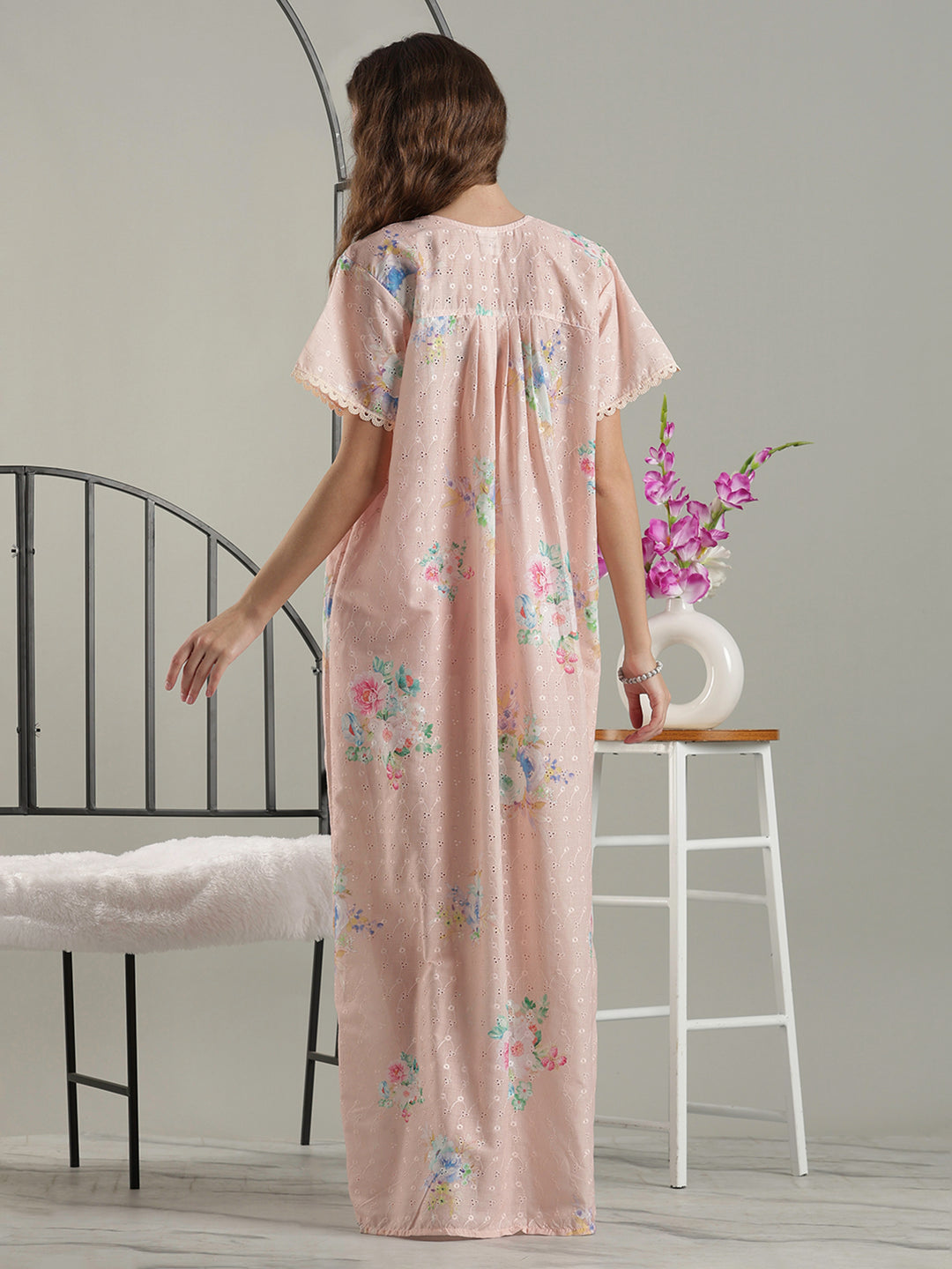 Trendy floral peach pure cotton designer nighty for ladies