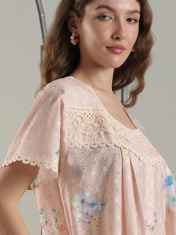 Trendy floral peach pure cotton designer nighty for ladies