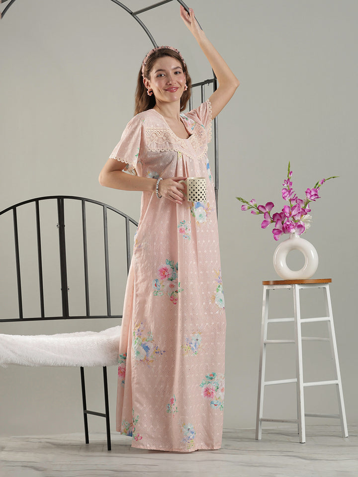 Trendy floral peach pure cotton designer nighty for ladies