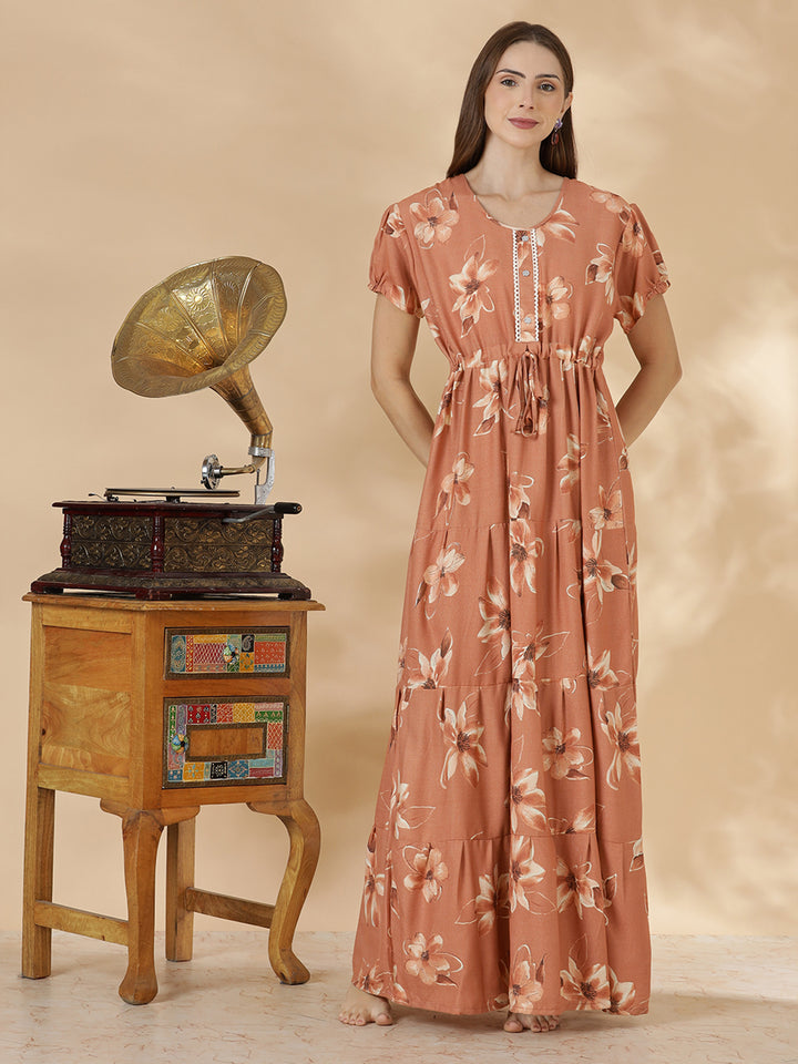 Floral print alpine frock type nighty for women In peach