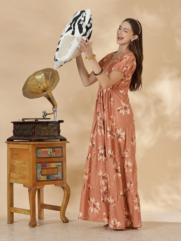 Floral print alpine frock type nighty for women In peach
