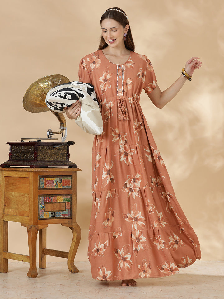 Floral print alpine frock type nighty for women In peach