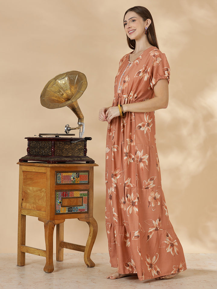 Floral print alpine frock type nighty for women In peach