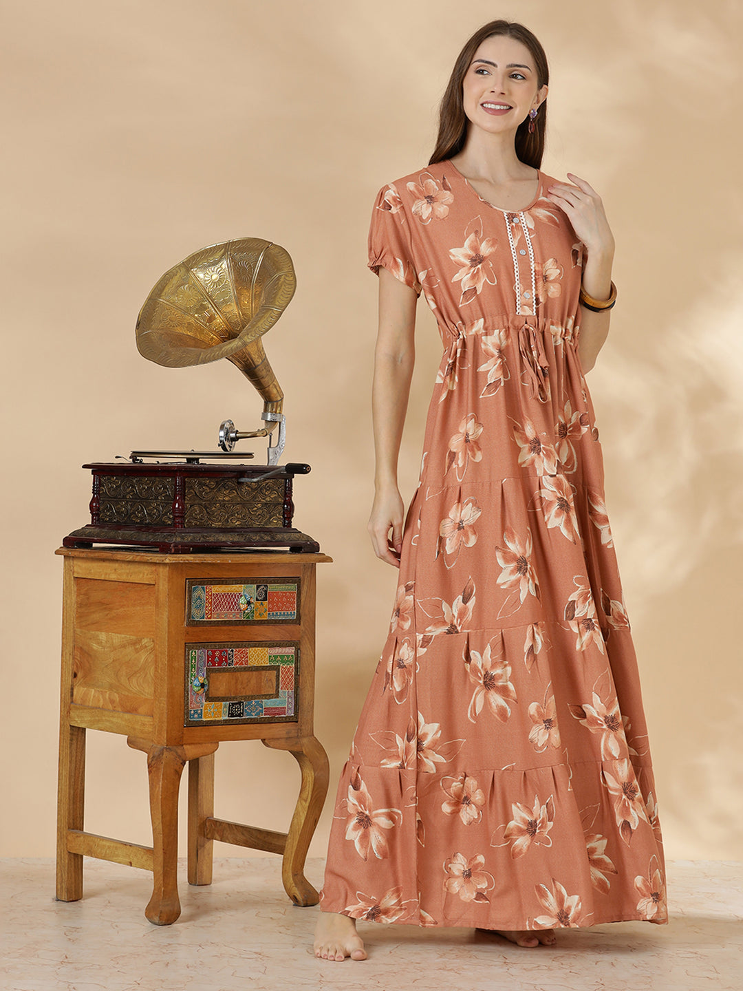 Floral print alpine frock type nighty for women In peach