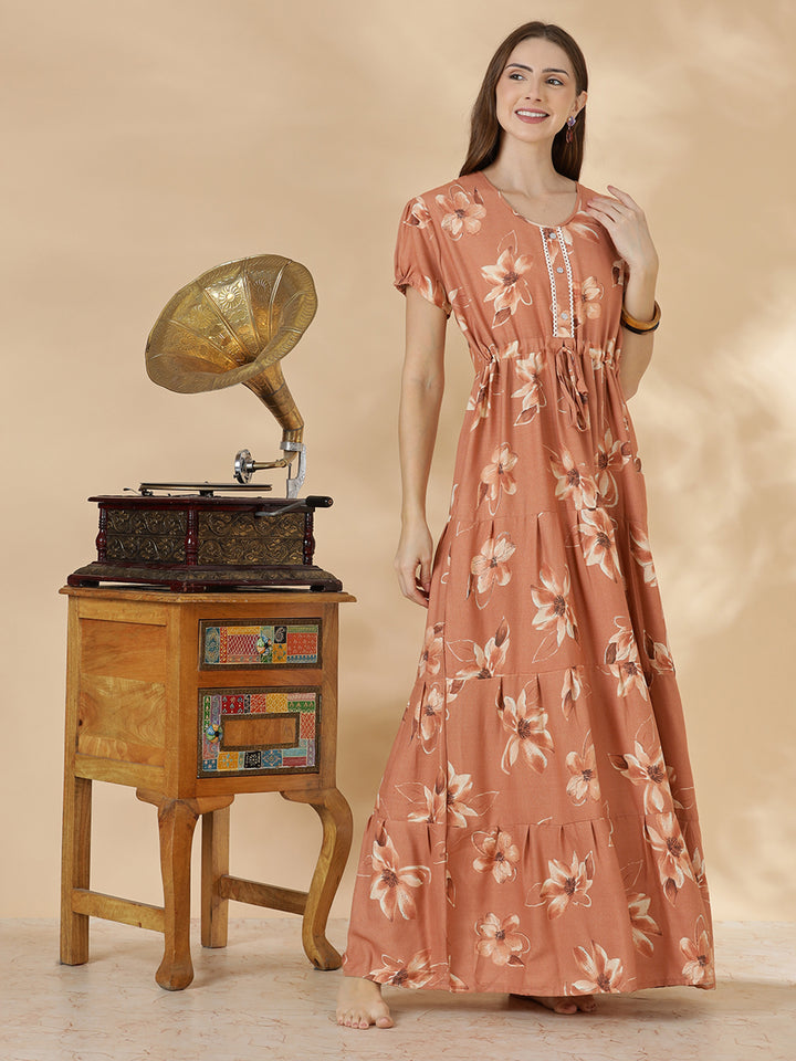 Floral print alpine frock type nighty for women In peach
