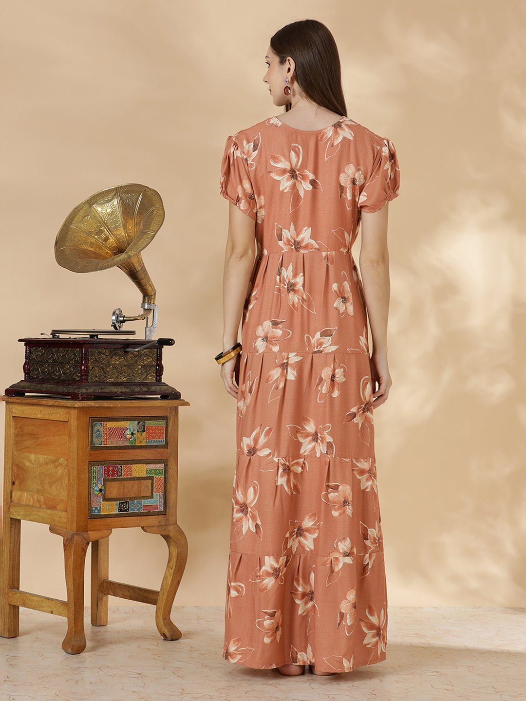 Floral print alpine frock type nighty for women In peach