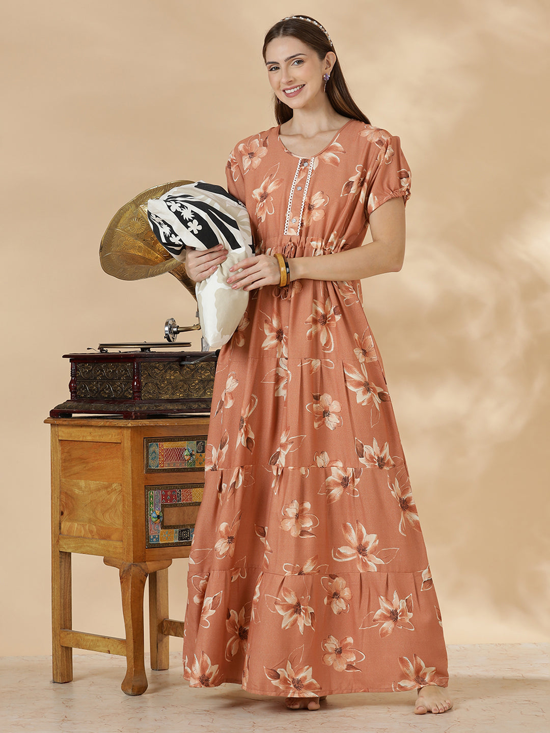 Floral print alpine frock type nighty for women In peach