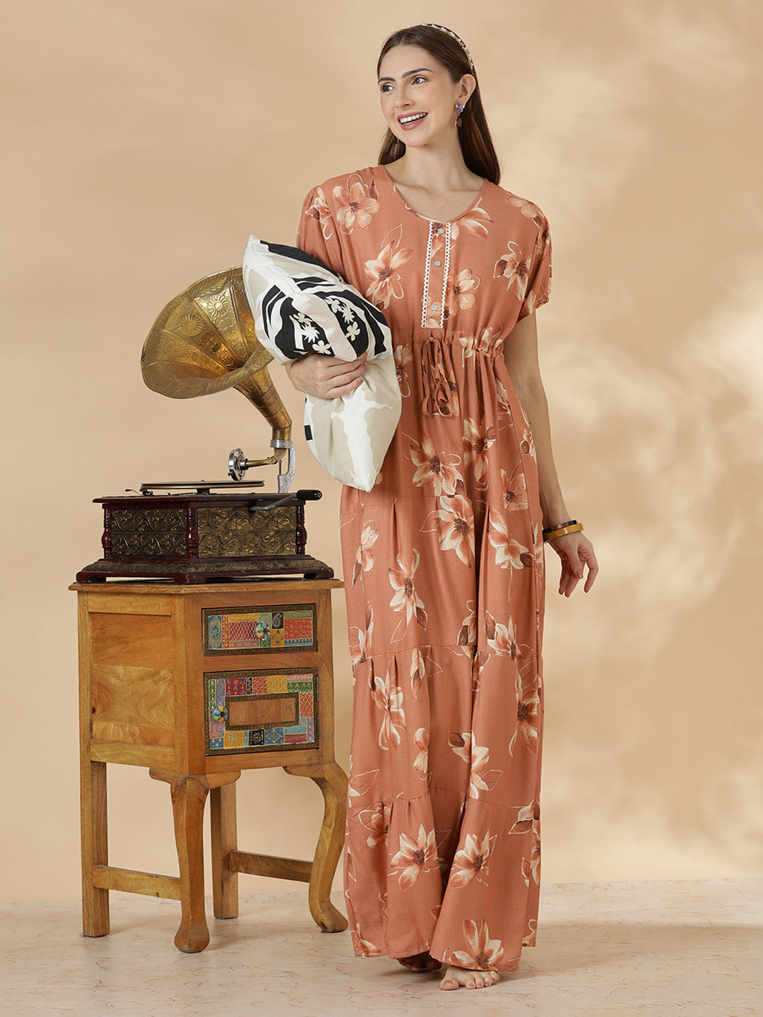 Floral print alpine frock type nighty for women In peach
