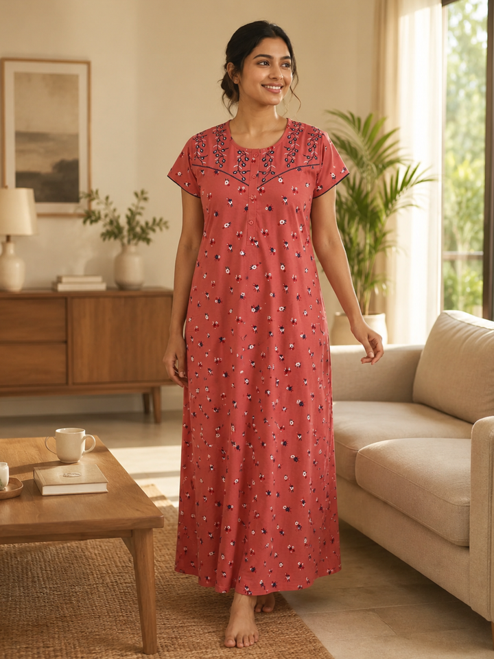 Dark peach floral cotton blend womens nighty online