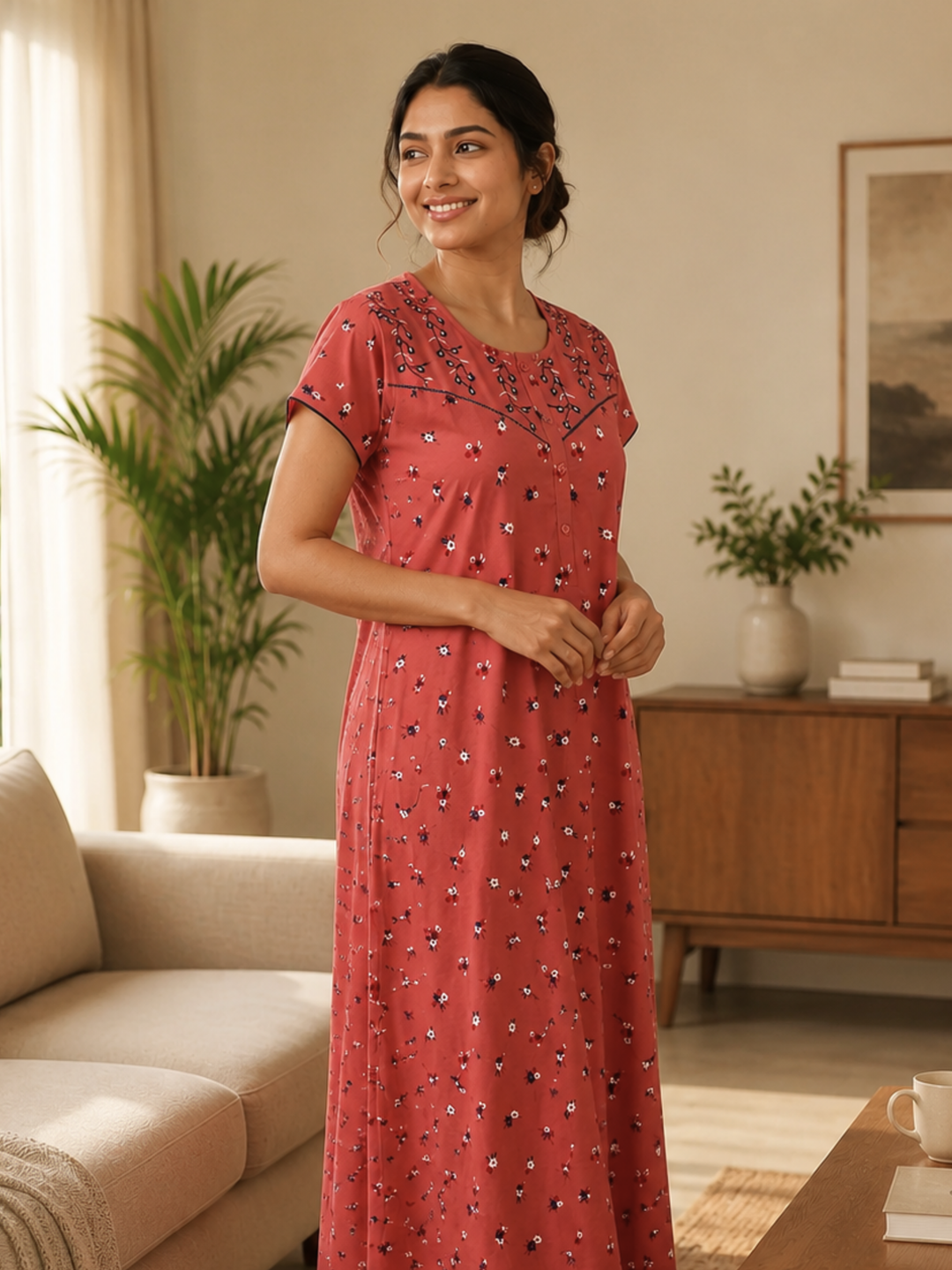 Dark peach floral cotton blend womens nighty online