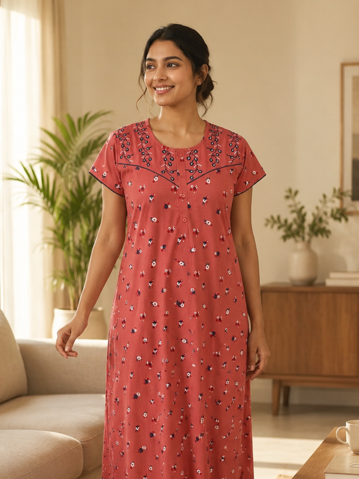 Dark peach floral cotton blend womens nighty online