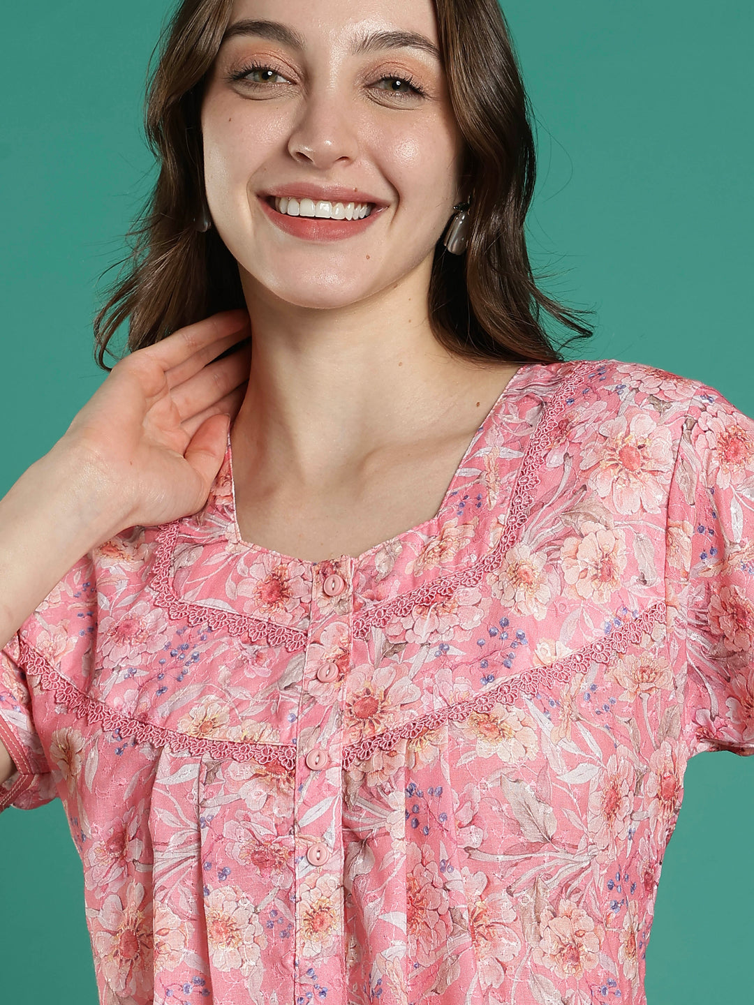 Peach pink hakoba cotton viscose nighty for women