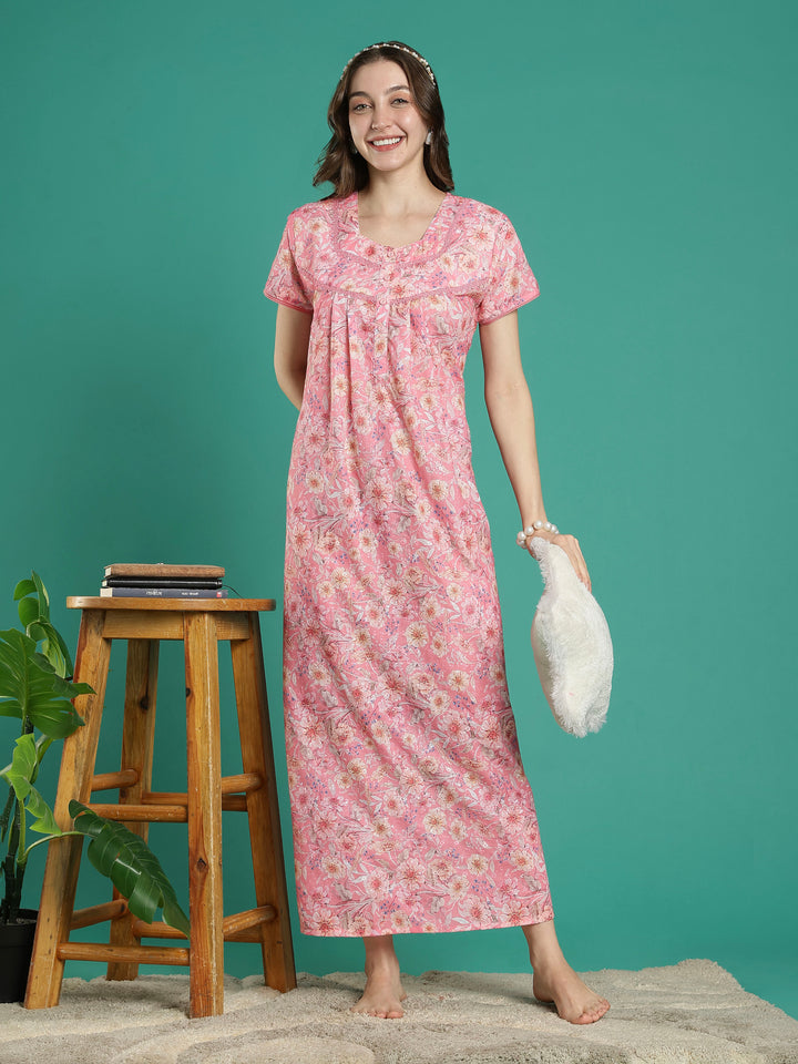 Peach pink hakoba cotton viscose nighty for women