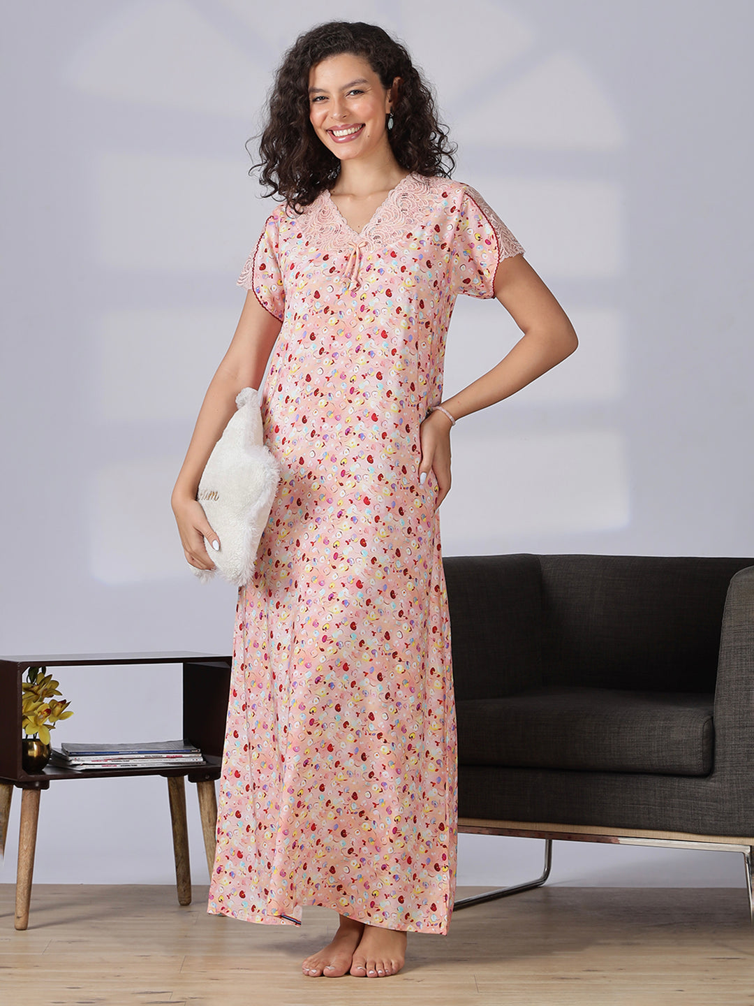 Floral print peach pink nighty for women with lace detail in rayon