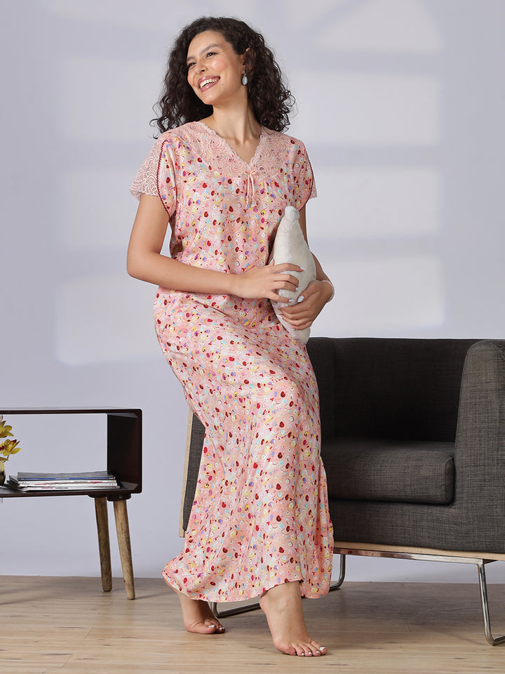 Floral print peach pink nighty for women with lace detail in rayon