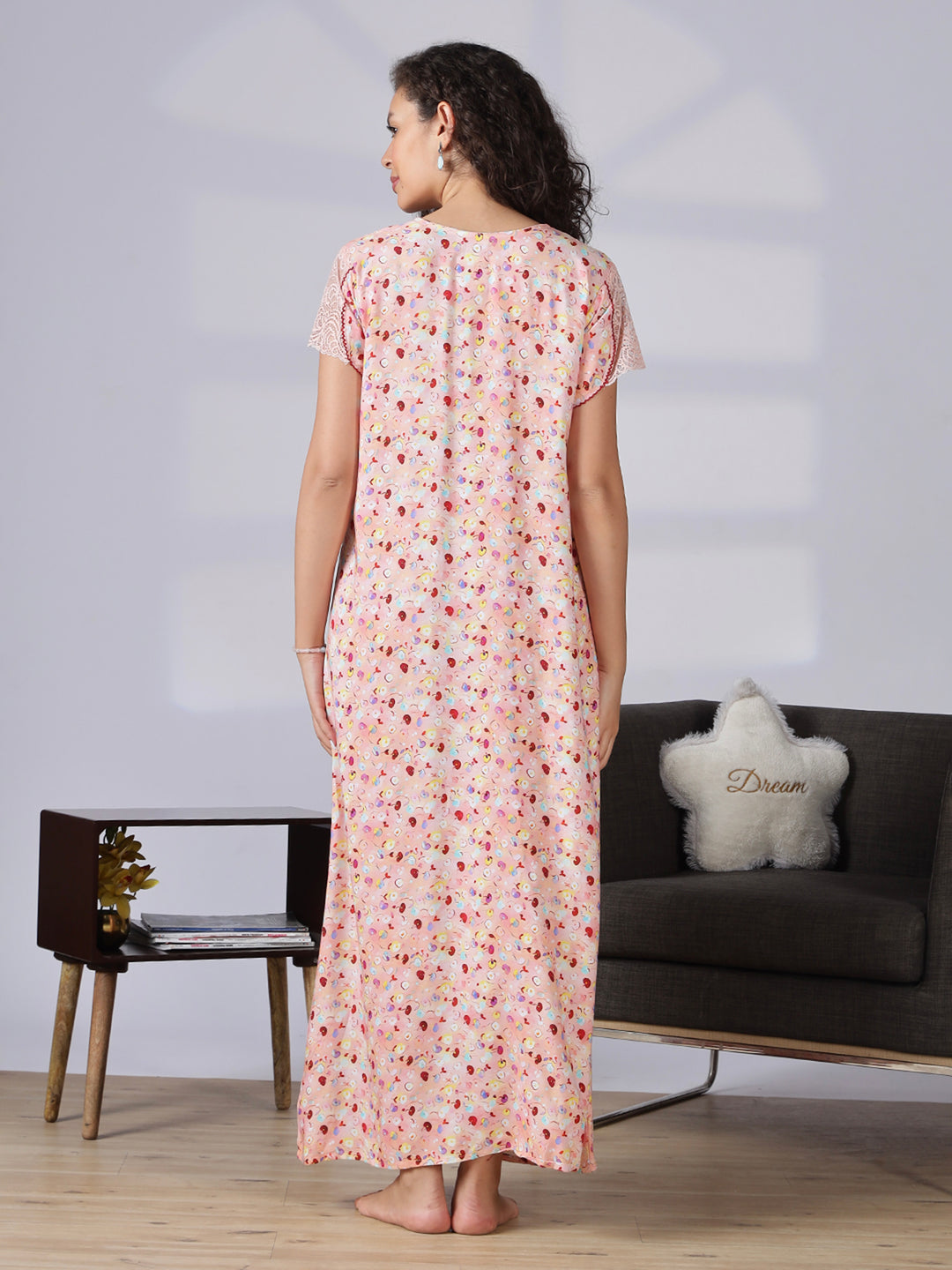 Floral print peach pink nighty for women with lace detail in rayon