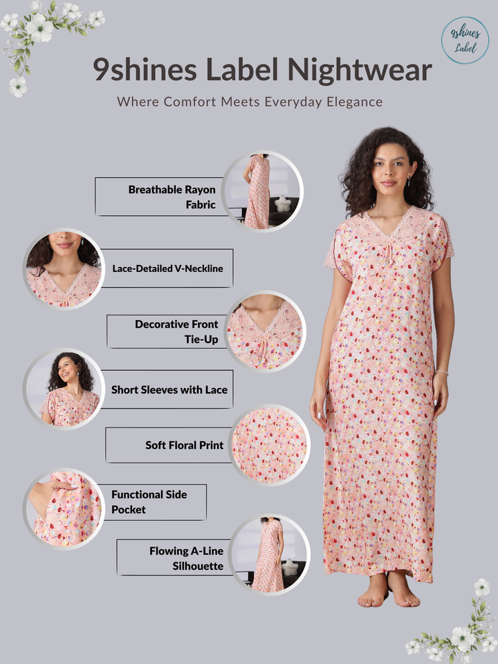 Floral print peach pink nighty for women with lace detail in rayon