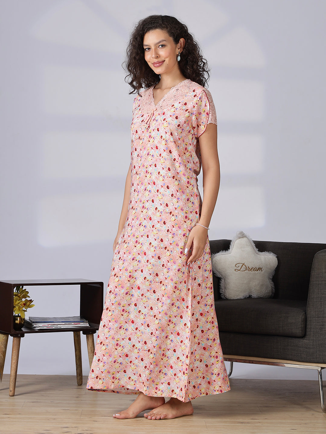 Floral print peach pink nighty for women with lace detail in rayon