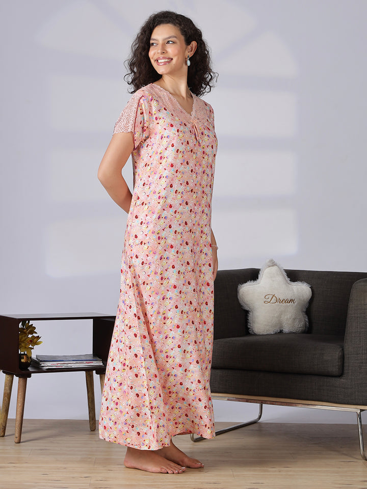 Floral print peach pink nighty for women with lace detail in rayon