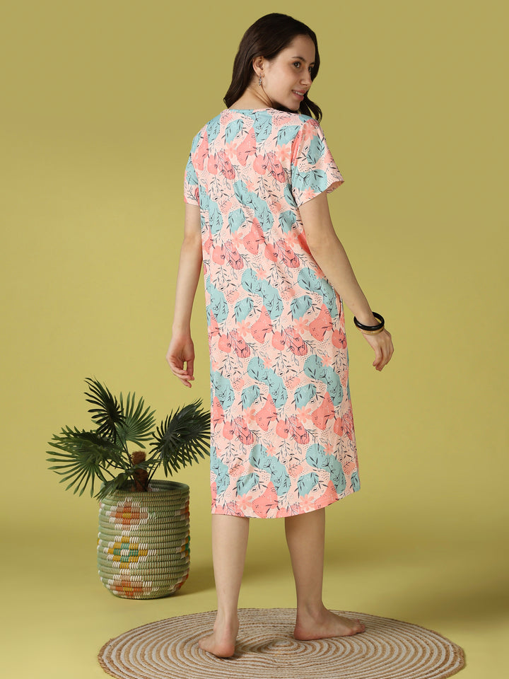 Peachy sketch botanical print short nightdress for women