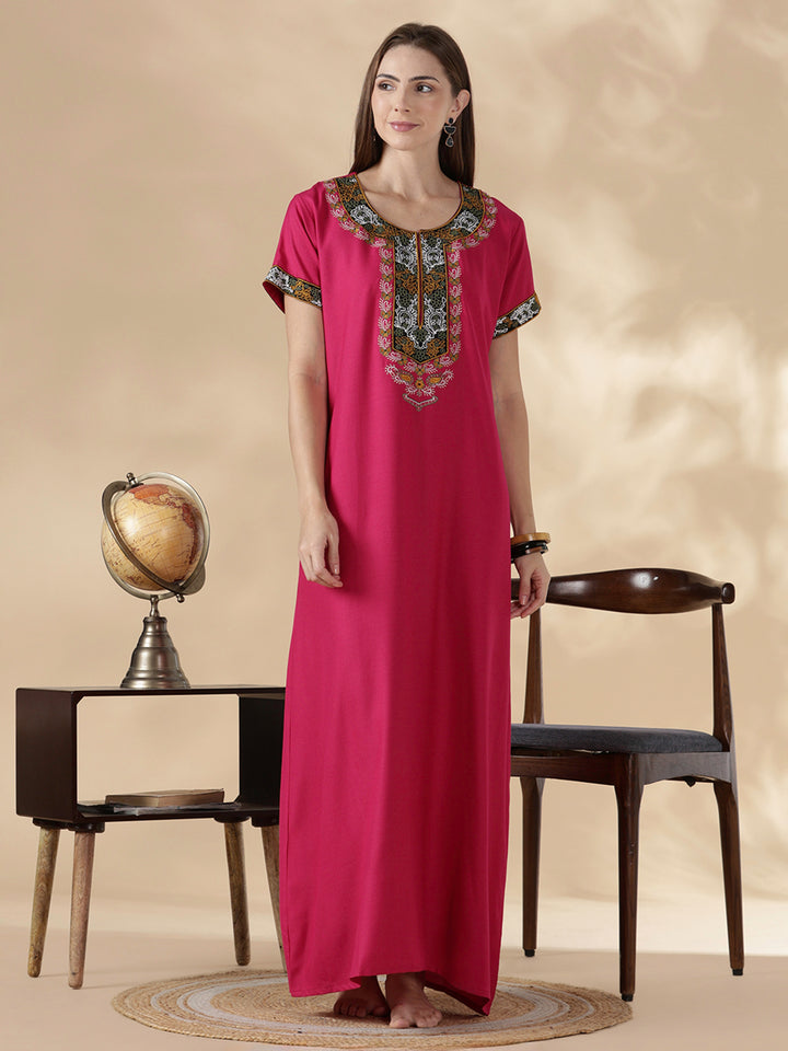 Heritage style alpine embroidered womens pink nighty dress