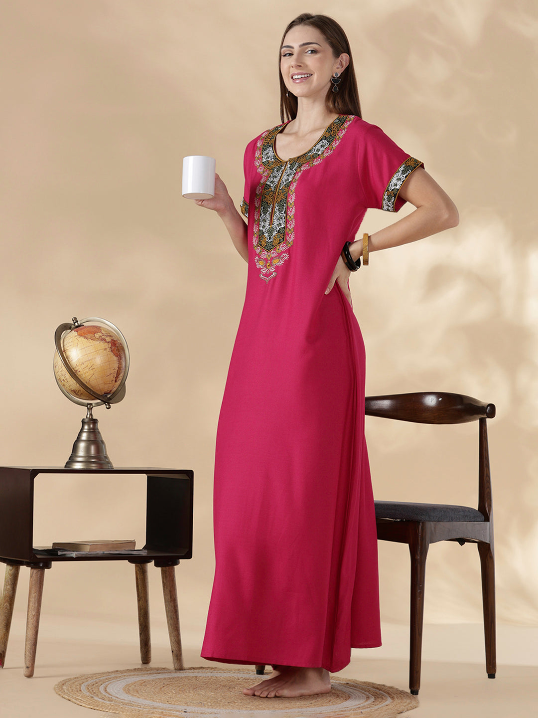 Heritage style alpine embroidered womens pink nighty dress