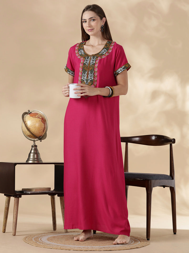 Heritage style alpine embroidered womens pink nighty dress