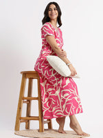 Pure Cotton Leaf Print Designer Nighty for Women Flamingo Bloom
