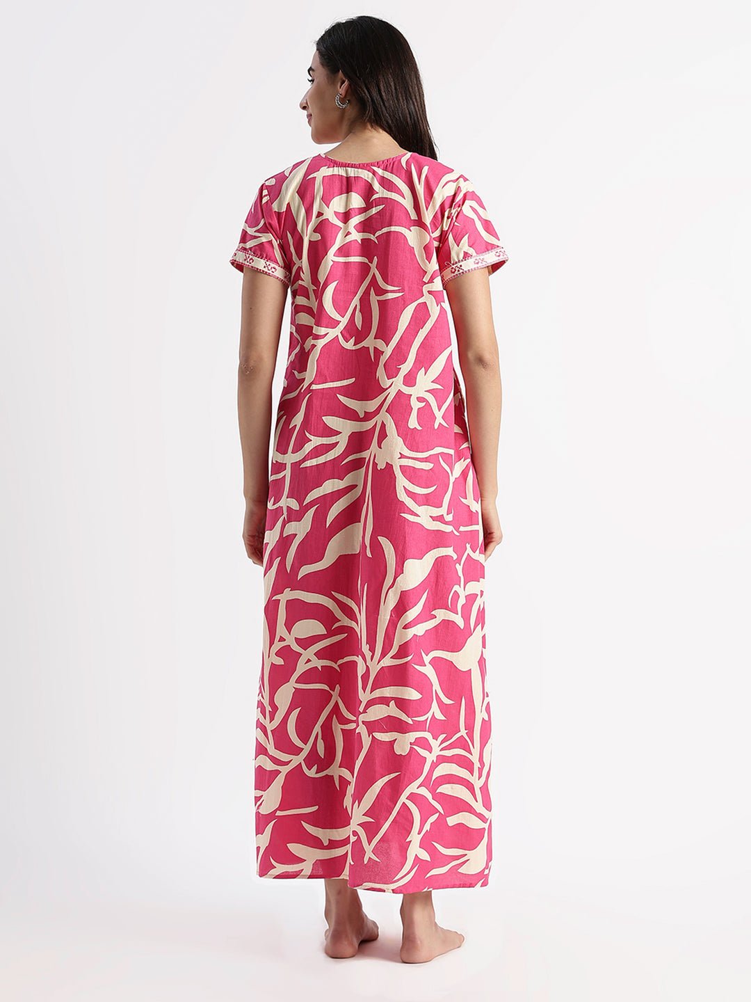 Pink pure cotton leaf print nighty for women