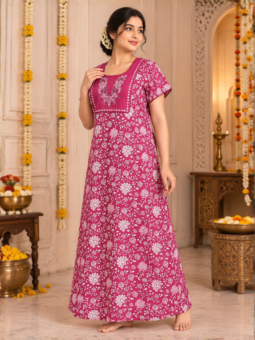 Pink vine print cotton nighty dress for women online