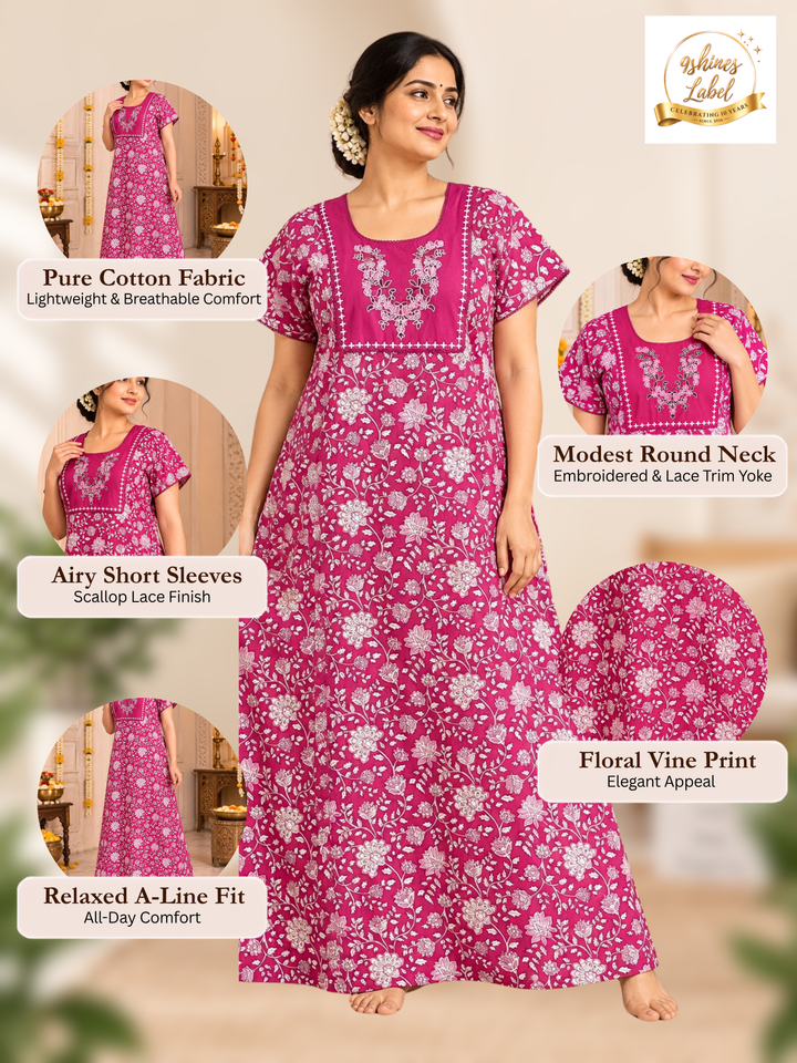 Pink vine print cotton nighty dress for women online