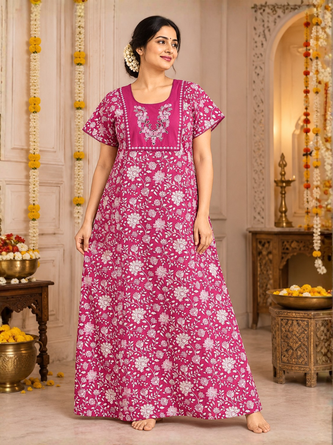 Pink vine print cotton nighty dress for women online