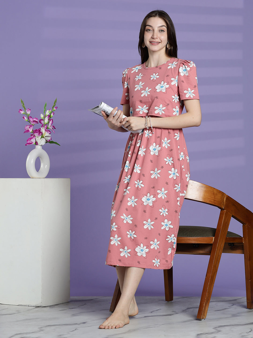 Pink daisy maternity and feeding nighty for women