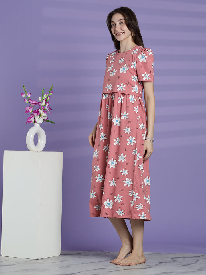 Pink daisy maternity and feeding nighty for women