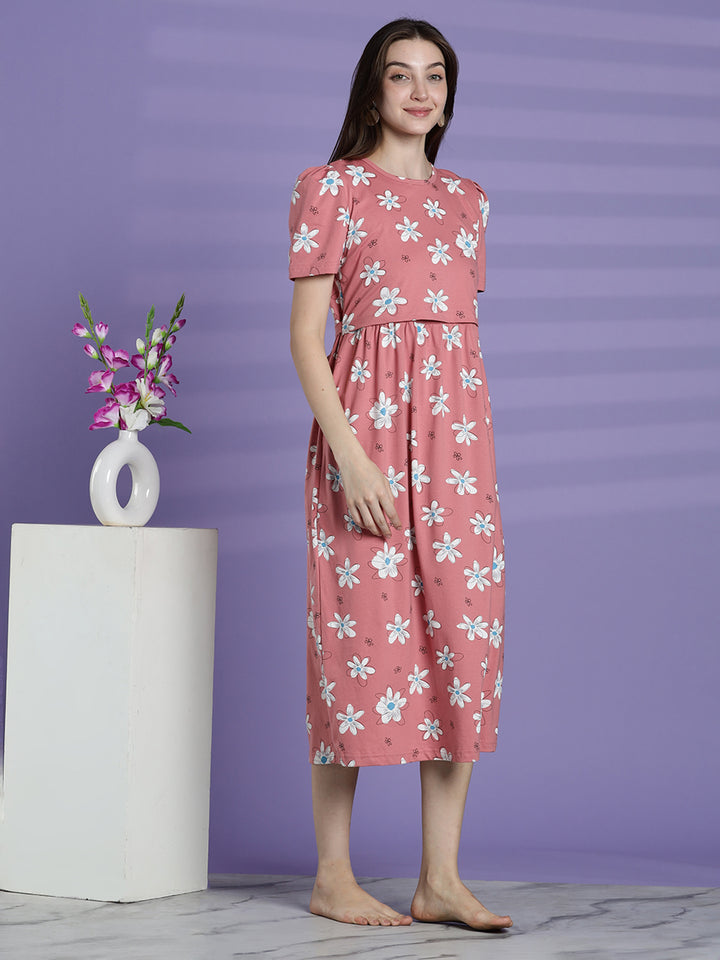 Pink daisy maternity and feeding nighty for women