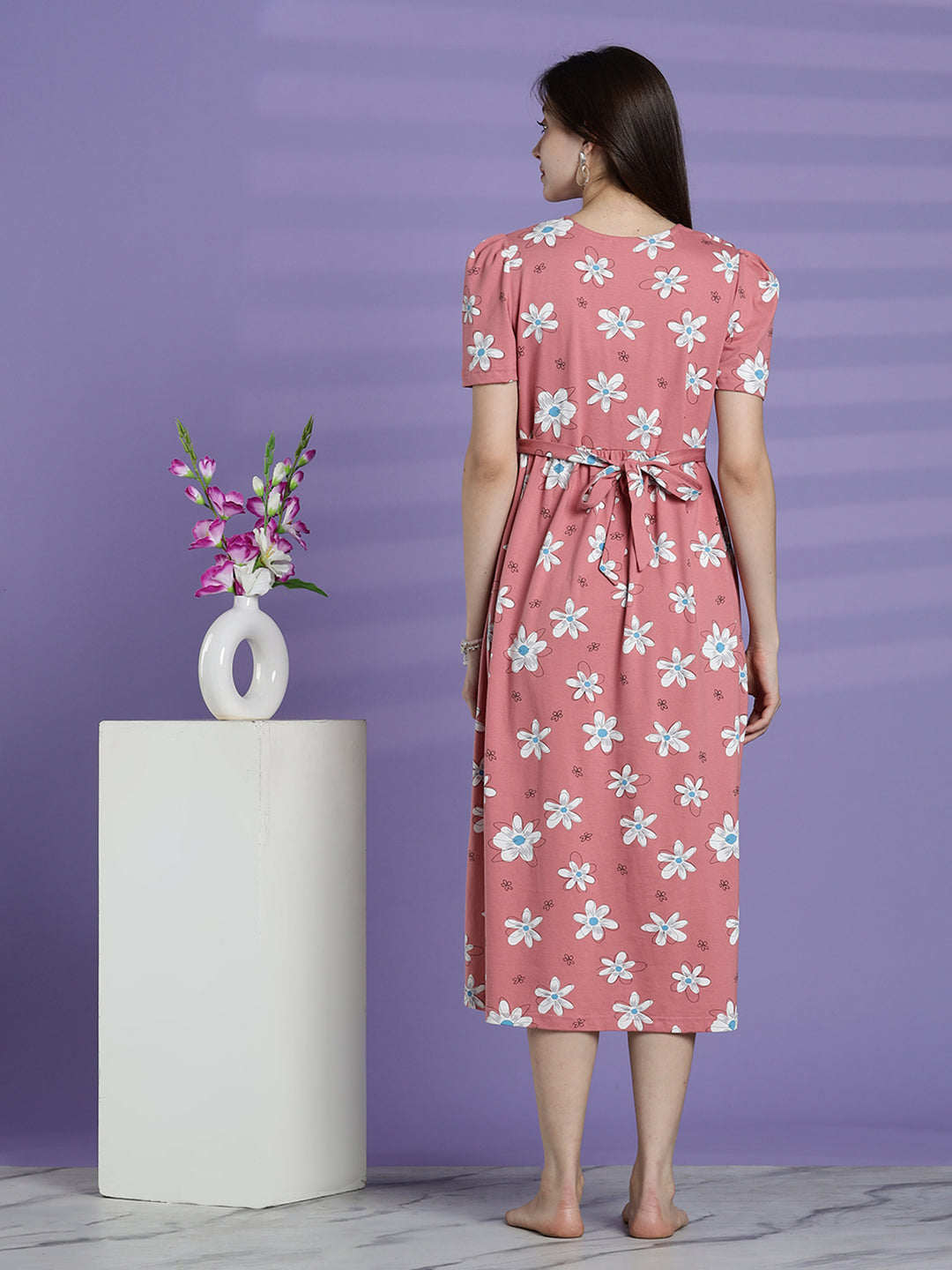 Pink daisy maternity and feeding nighty for women