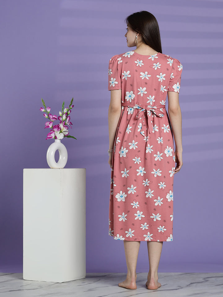 Pink daisy maternity and feeding nighty for women