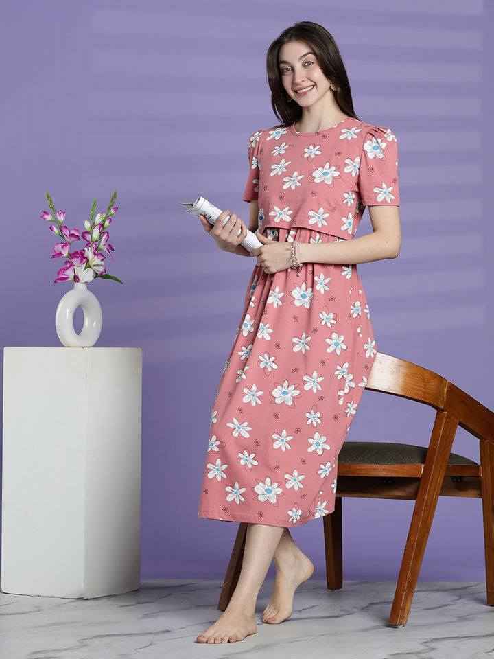 Pink daisy maternity and feeding nighty for women
