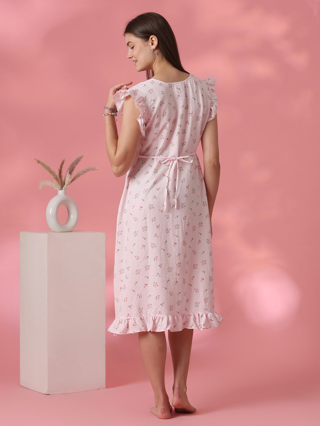 Pastel pink floral crush cotton short nighty for women
